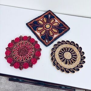 Three Vintage Woven Colorful Trivets